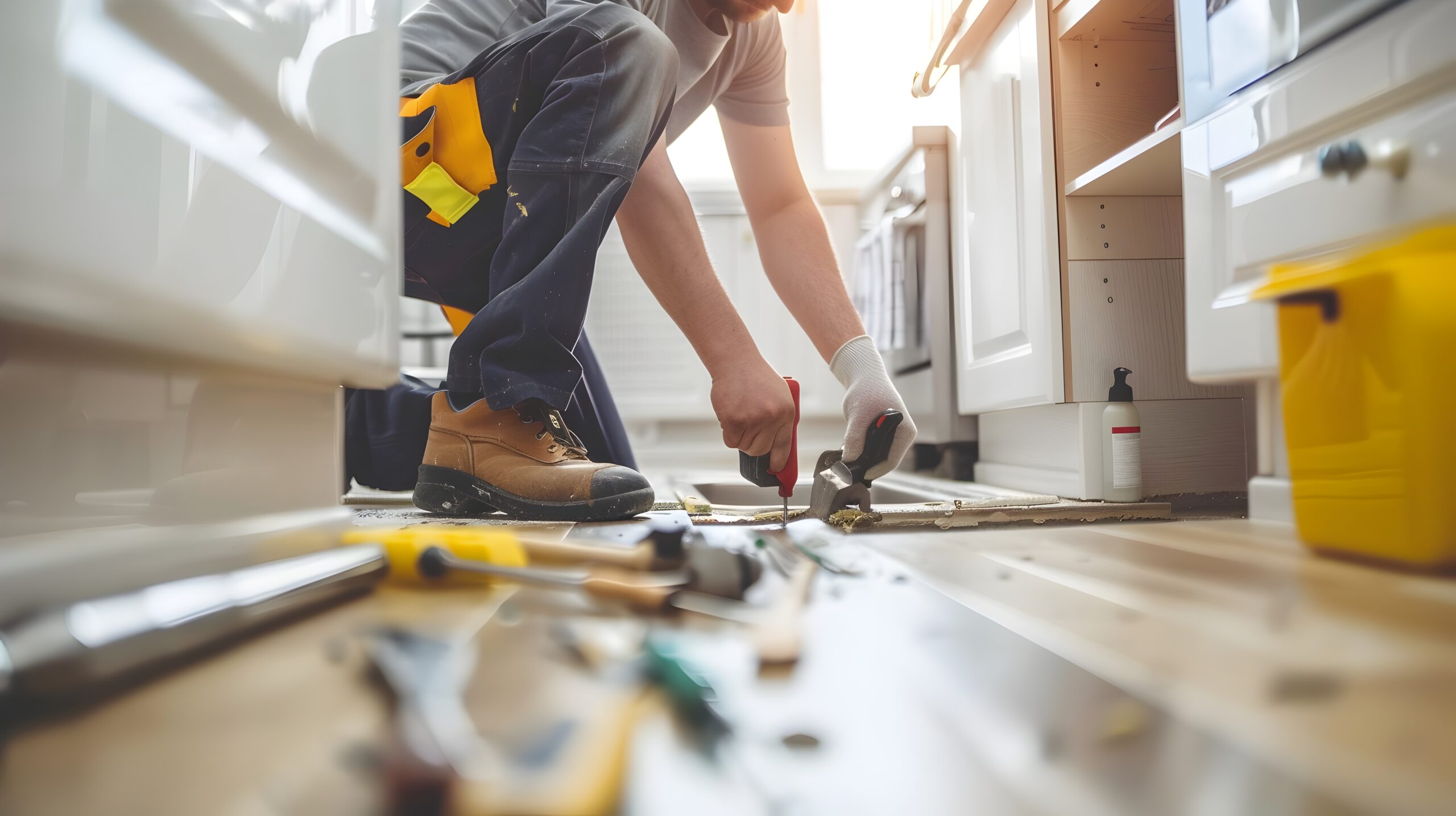 The image depicts a skilled plumber working to fix a leak under a kitchen sink Various tools and equipment are spread out on the floor,showcasing the expertise and essential nature of professional